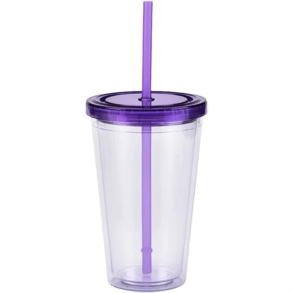 16Oz Double Wall Clear Plastic Cup with Straw