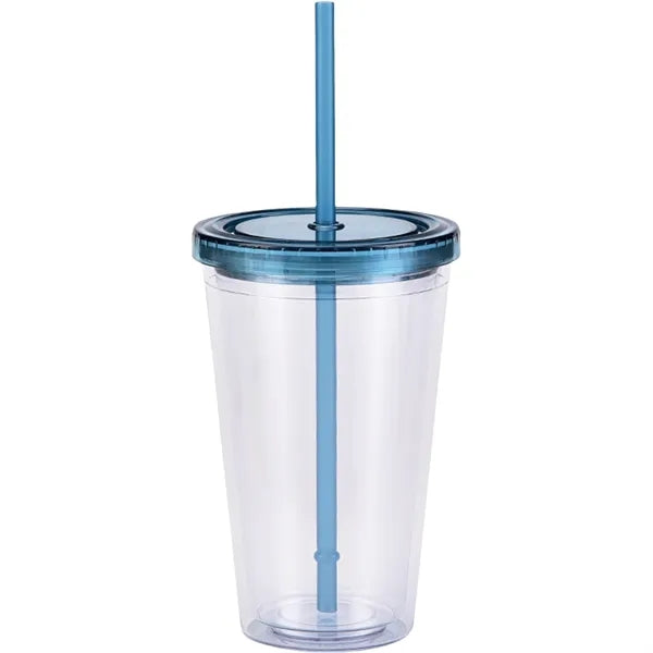 16Oz Double Wall Clear Plastic Cup with Straw