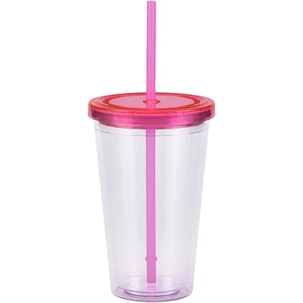 16Oz Double Wall Clear Plastic Cup with Straw