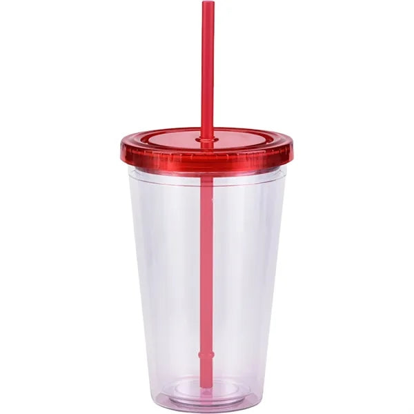 16Oz Double Wall Clear Plastic Cup with Straw