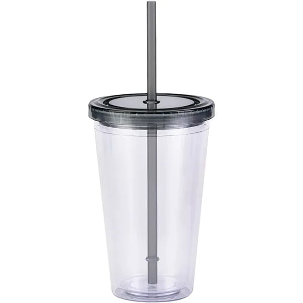 16Oz Double Wall Clear Plastic Cup with Straw
