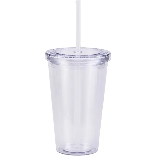 16Oz Double Wall Clear Plastic Cup with Straw