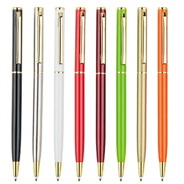 Slim Metal Hotel Ballpoint Pen with Gold Accents