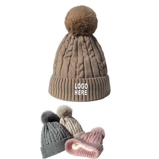Chunky Knit Lined Beanie Hat w/ Patch Logo