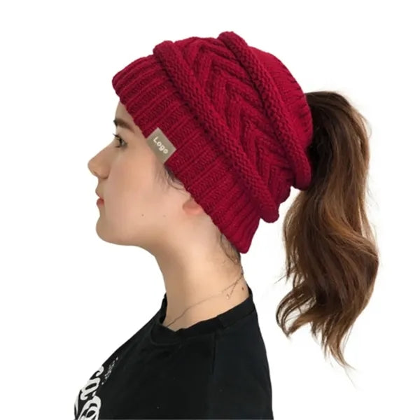 Women's Beanie Ponytail Messy Solid Ribbed Hat Cap