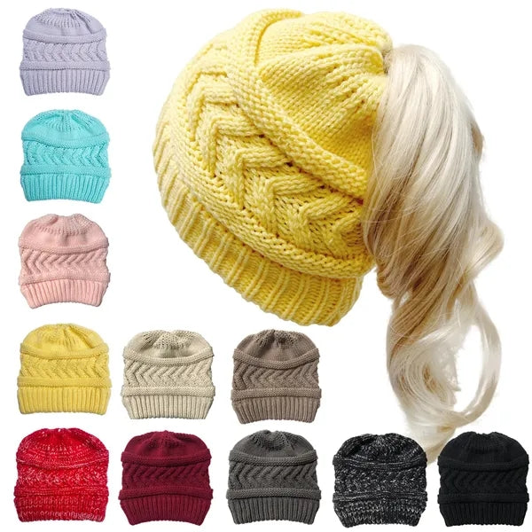 Women's Beanie Ponytail Messy Solid Ribbed Hat Cap