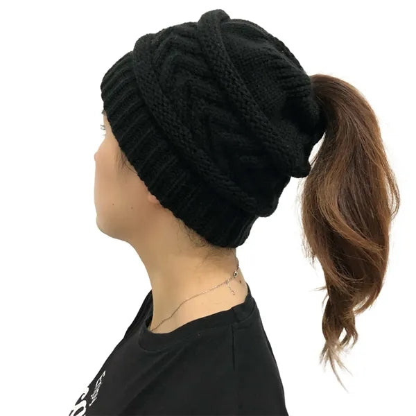 Women's Beanie Ponytail Messy Solid Ribbed Hat Cap