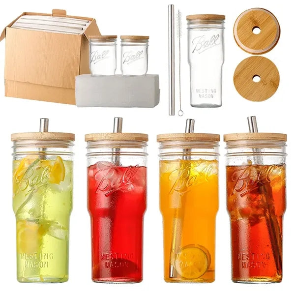 24oz Glass Cups with Lid and Straw