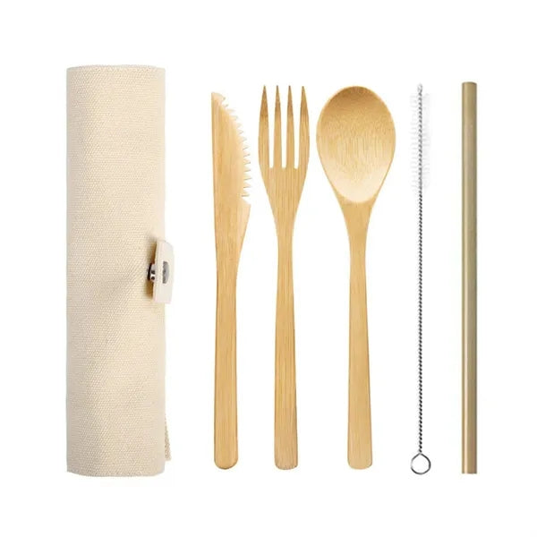 Bamboo Cutlery Set With Travel Pouch-5 Pieces