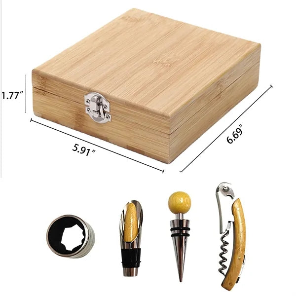 4-Piece Corkscrew Tool Set with Natural Wood Case
