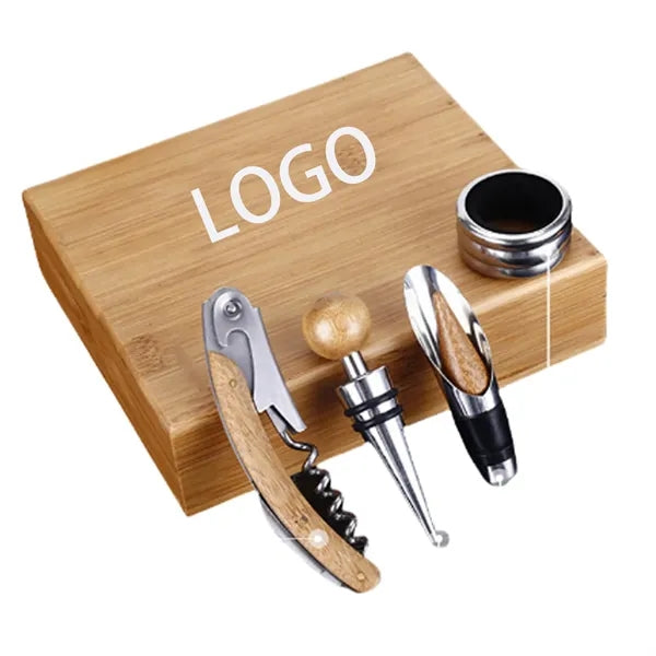 4-Piece Corkscrew Tool Set with Natural Wood Case