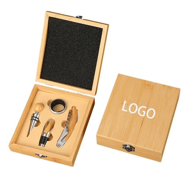 4-Piece Corkscrew Tool Set with Natural Wood Case