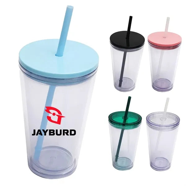 16oz Double Wall Plastic Tumbler with Straw