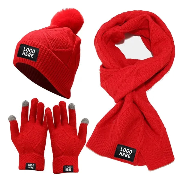 Warm Knit Beanie Hat Touch Screen Gloves Scarf Set