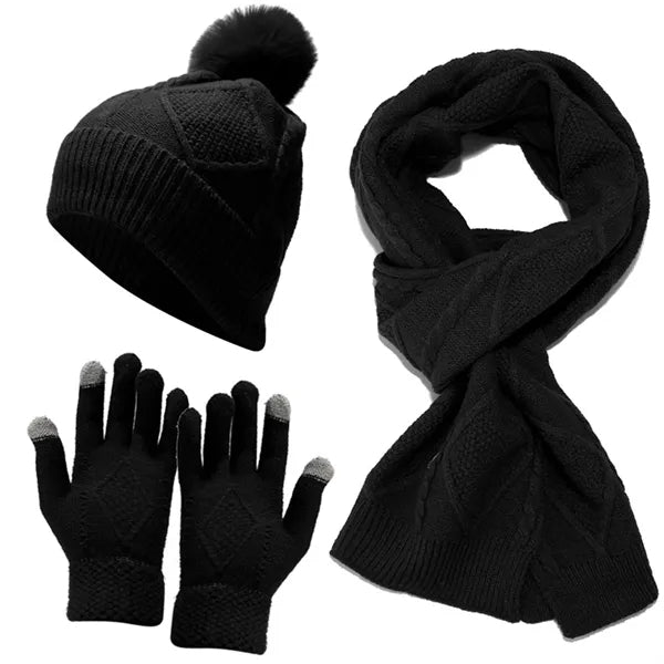 Warm Knit Beanie Hat Touch Screen Gloves Scarf Set