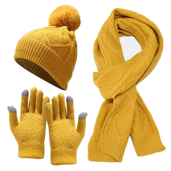 Warm Knit Beanie Hat Touch Screen Gloves Scarf Set