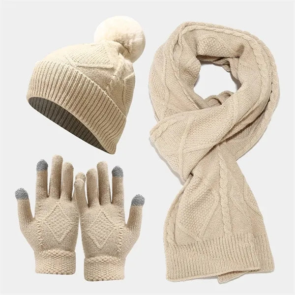 Warm Knit Beanie Hat Touch Screen Gloves Scarf Set