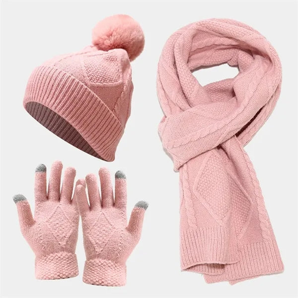 Warm Knit Beanie Hat Touch Screen Gloves Scarf Set