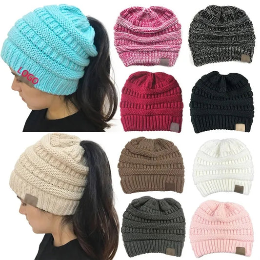 Ponytail Messy Bun Beanie Tail Women's Solid Ribbed Hat Cap