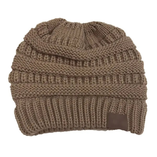 Ponytail Messy Bun Beanie Tail Women's Solid Ribbed Hat Cap