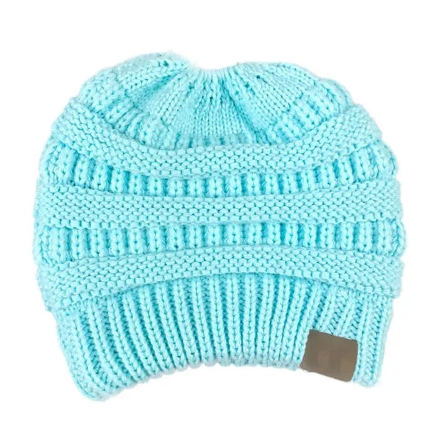 Ponytail Messy Bun Beanie Tail Women's Solid Ribbed Hat Cap