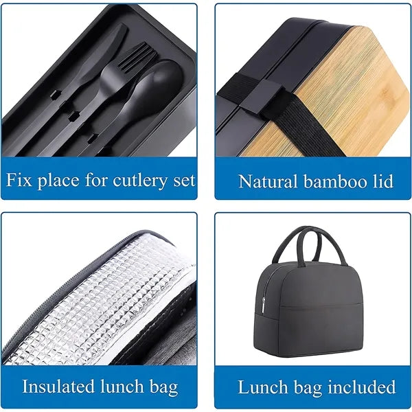 Bamboo Lunch Box Food Tote Bag Kit Camping Supplies