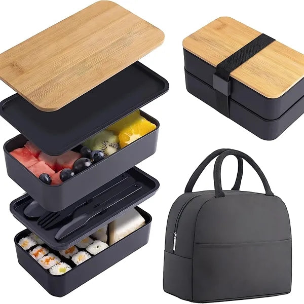 Bamboo Lunch Box Food Tote Bag Kit Camping Supplies