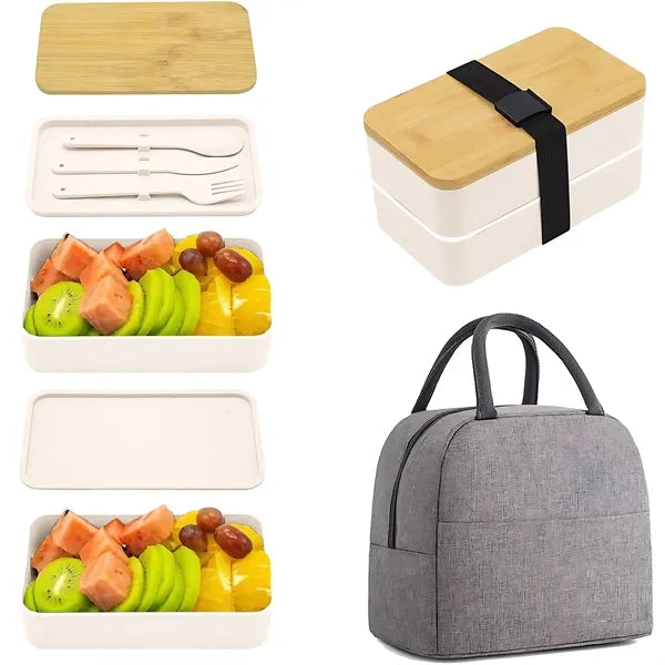 Bamboo Lunch Box Food Tote Bag Kit Camping Supplies