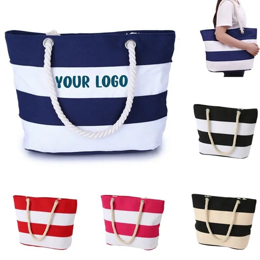 Full Color Burlap Rope Striped Canvas Tote Bag