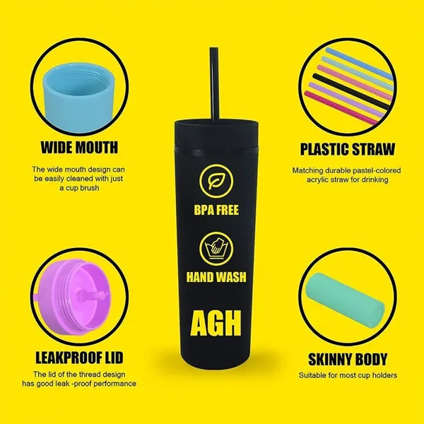 16 Oz Plastic Insulated Skinny Tumbler With Lid And Straw