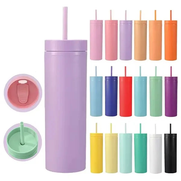 16 Oz Plastic Insulated Skinny Tumbler With Lid And Straw