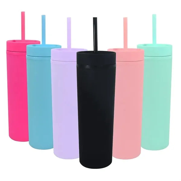 16 Oz Plastic Insulated Skinny Tumbler With Lid And Straw
