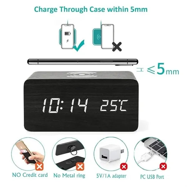 Wooden Digital Alarm Clock with Wireless Charging
