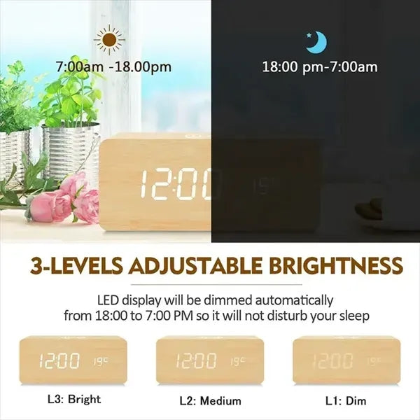 Wooden Digital Alarm Clock with Wireless Charging