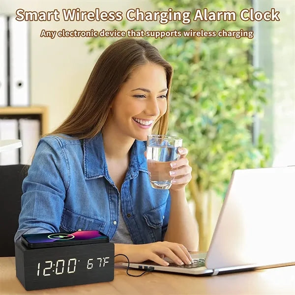 Wooden Digital Alarm Clock with Wireless Charging