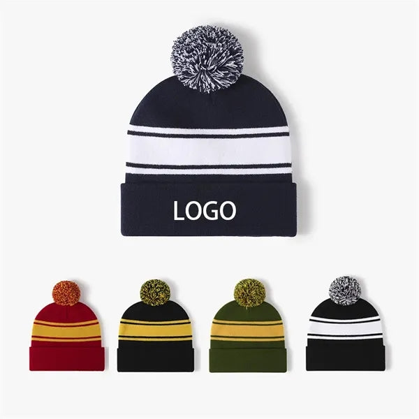Two-Tone Knit Pom Beanie With Cuff