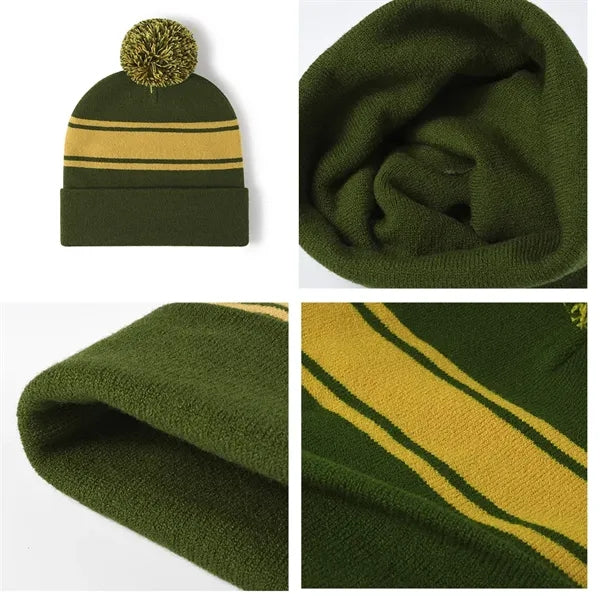 Two-Tone Knit Pom Beanie With Cuff