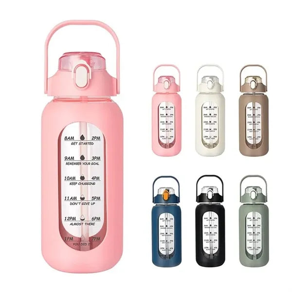 64oz Glass Water Bottles with Straw Time Marker