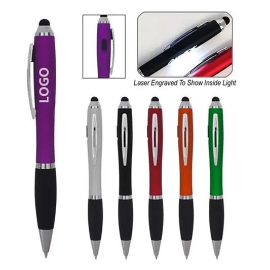 3-in-1 Plastic Ballpoint Pen w/Stylus & Logo LED Flashlight