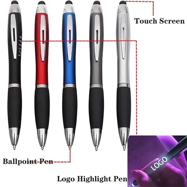 3-in-1 Plastic Ballpoint Pen w/Stylus & Logo LED Flashlight
