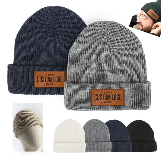 Cuffed Knit Beanie With Faux Leather Patch