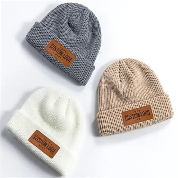 Cuffed Knit Beanie With Faux Leather Patch