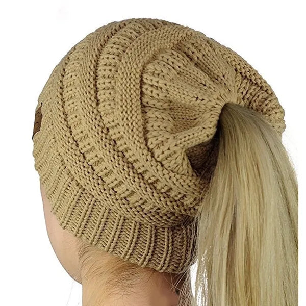 Women Knitted High Bun Ponytail Beanie Hat