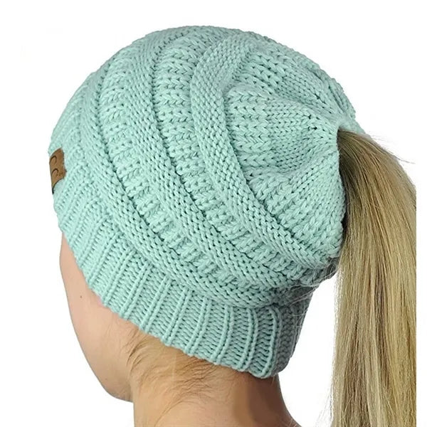 Women Knitted High Bun Ponytail Beanie Hat