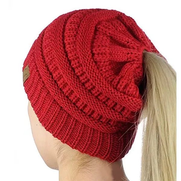 Women Knitted High Bun Ponytail Beanie Hat