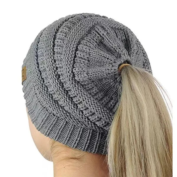 Women Knitted High Bun Ponytail Beanie Hat