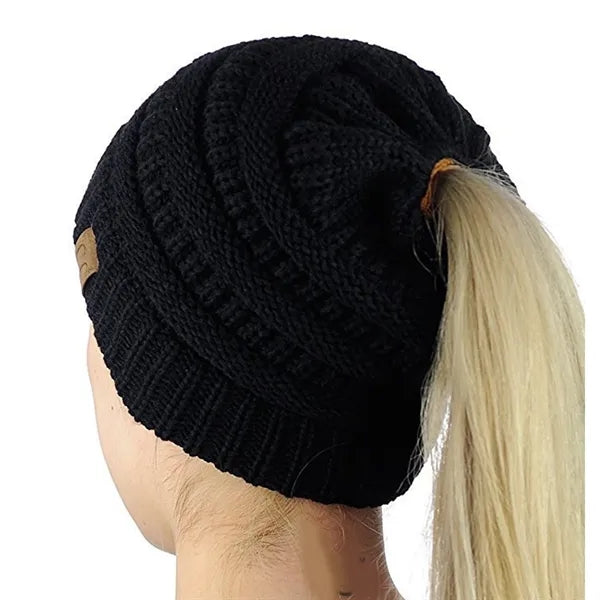 Women Knitted High Bun Ponytail Beanie Hat