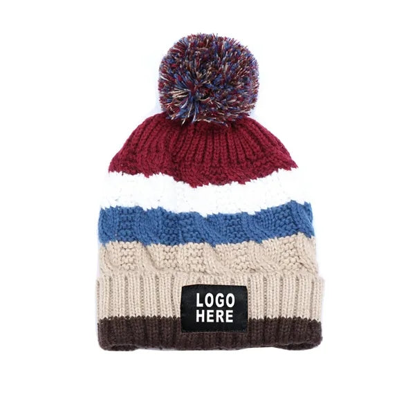 Chunky Soft Stretch Cable Knit Beanie Hat w/ Pom