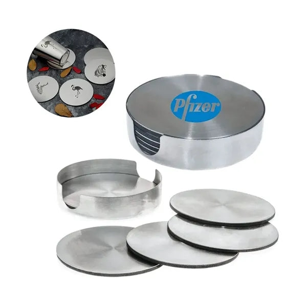 6 Piece Round Stainless Steel Coaster Set with Stand