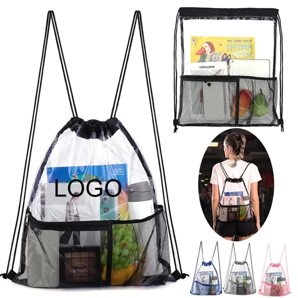 Transparent PVC Drawstring Backpack With mesh pockets